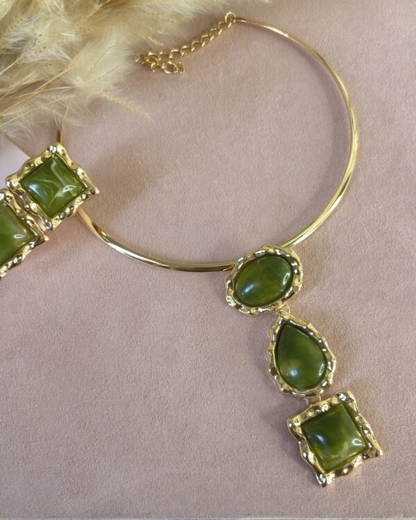 Conjunto Colar + Brinco Aro Resinado Dourado Verde