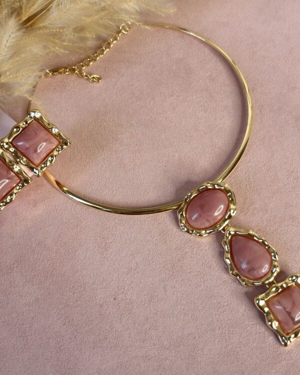Conjunto Colar + Brinco Aro Resinado Dourado Rose