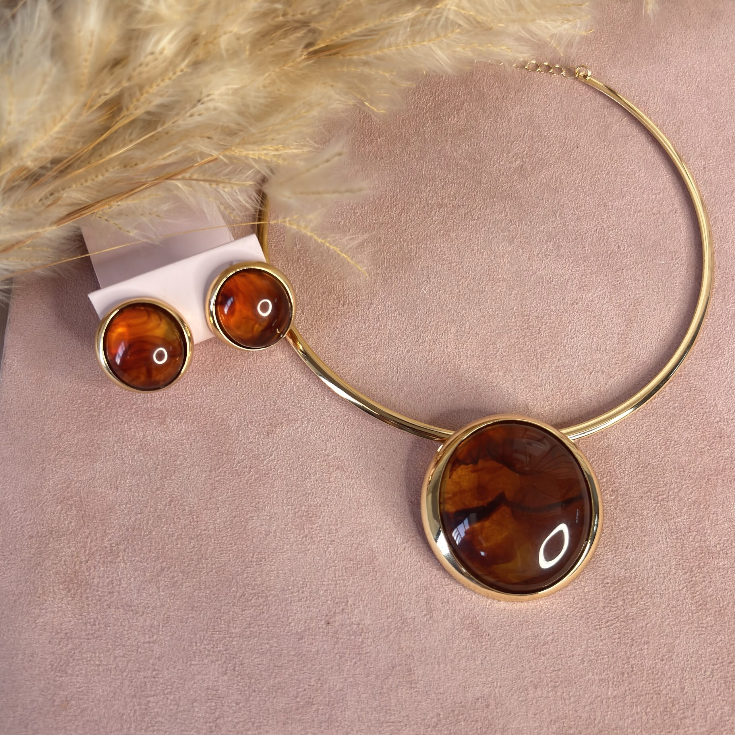 Conjunto Colar + Brinco Aro Resinado Dourado Marrom